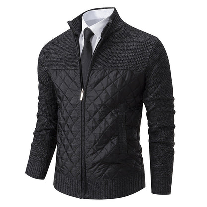 Men’s Knitted Hybrid Jacket – Diamond-Quilted Front with Stand Collar