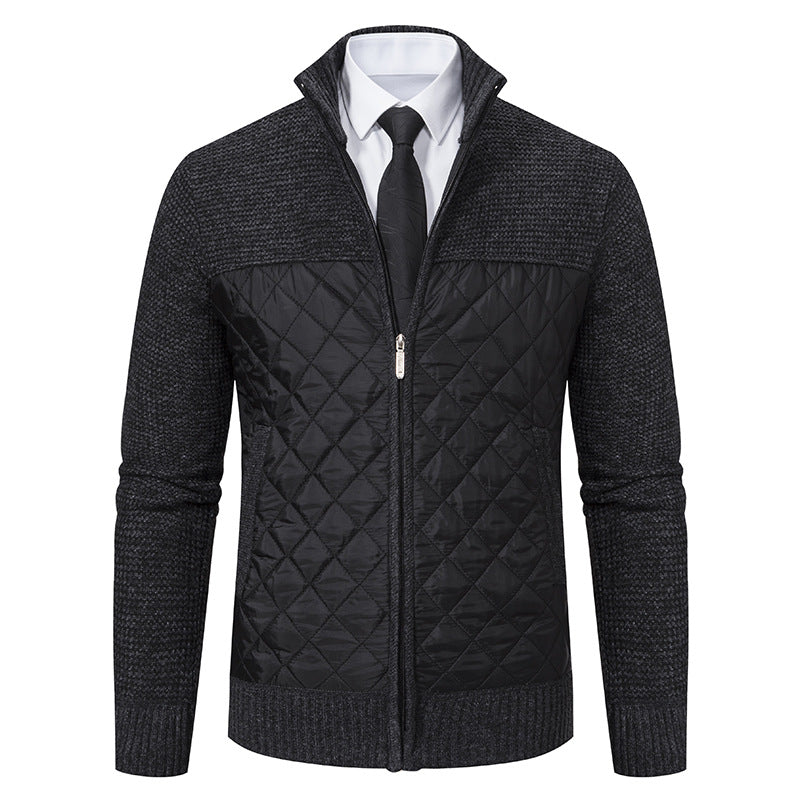 Men’s Knitted Hybrid Jacket – Diamond-Quilted Front with Stand Collar