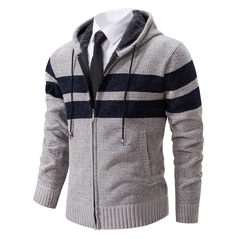 Men’s Zip Hoodie – Marled Knit with Chest Stripes and Concealed Zip