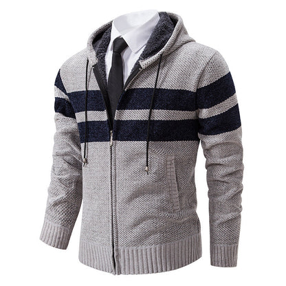Men’s Zip Hoodie – Marled Knit with Chest Stripes and Concealed Zip