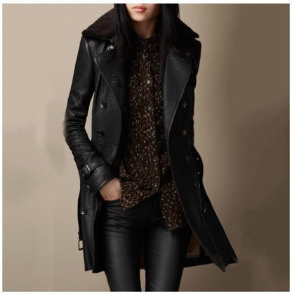 Women’s Black Coat – Double-Breasted with Teddy Collar and Waist Belt
