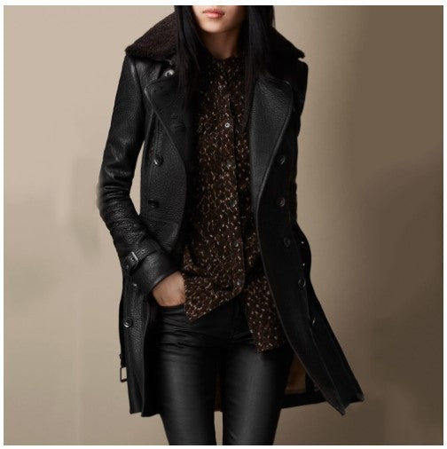 Women’s Black Coat – Double-Breasted with Teddy Collar and Waist Belt