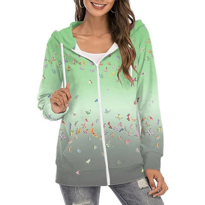 Women’s Butterfly Print Zip-Up Hoodie – Lightweight Casual Layer with Gradient Design