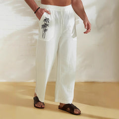 Men’s Relaxed Linen Trousers – Wide-Leg Drawstring Pants with Utility Pockets and Palm Tree Detail for Summer Wear