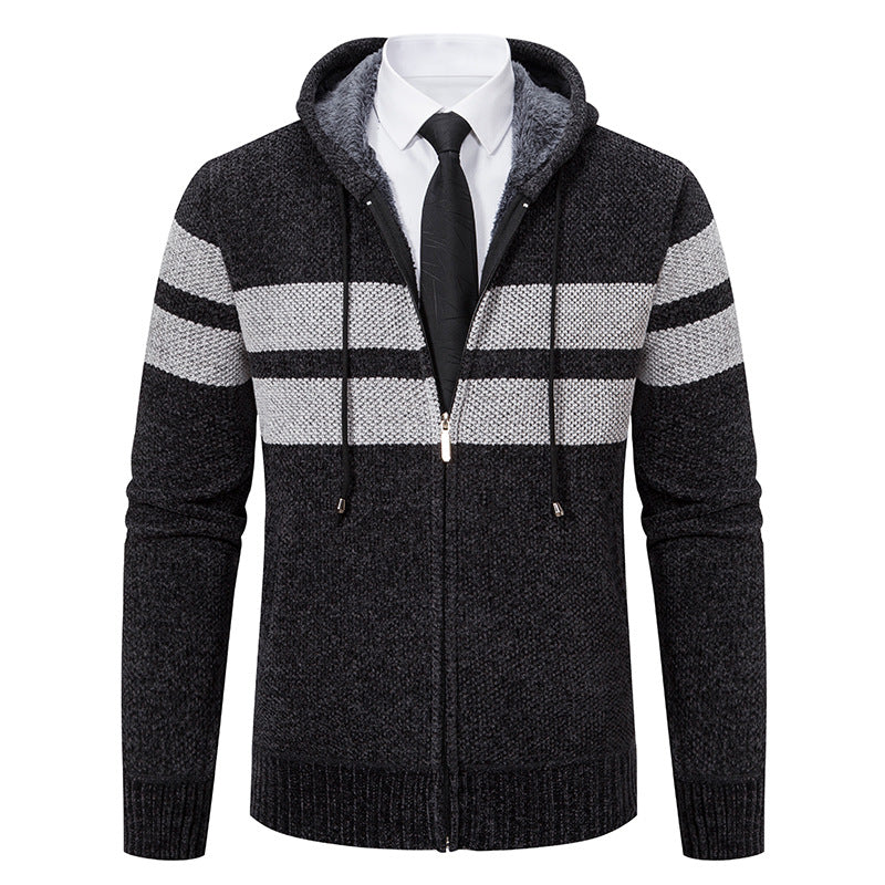 Men’s Zip Hoodie – Marled Knit with Chest Stripes and Concealed Zip