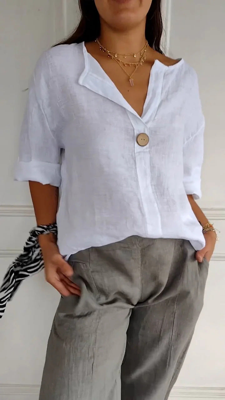 Women’s Relaxed Linen Blouse – Breathable Roll-Up Sleeve Style for Warm Days