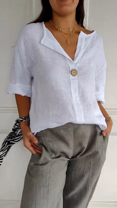 Women’s Relaxed Linen Blouse – Breathable Roll-Up Sleeve Style for Warm Days