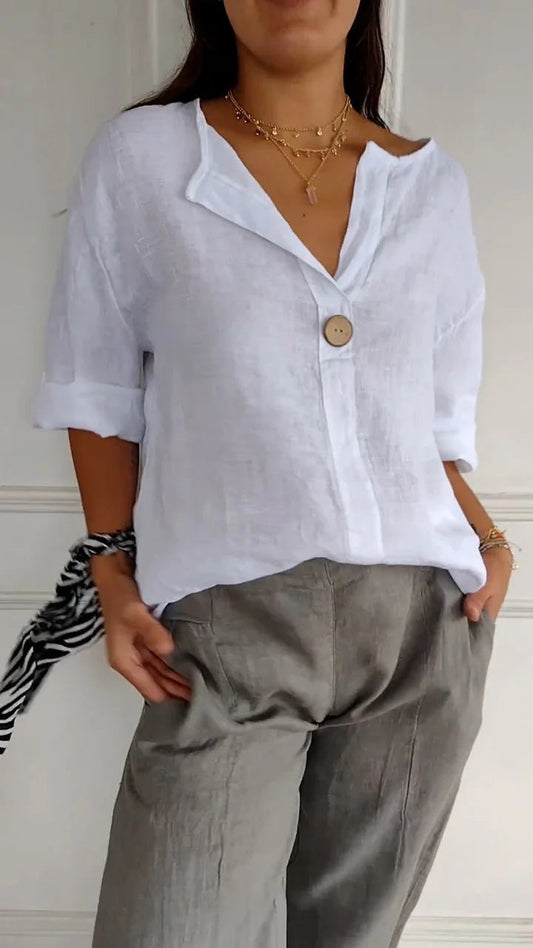 Women’s Relaxed Linen Blouse – Breathable Roll-Up Sleeve Style for Warm Days