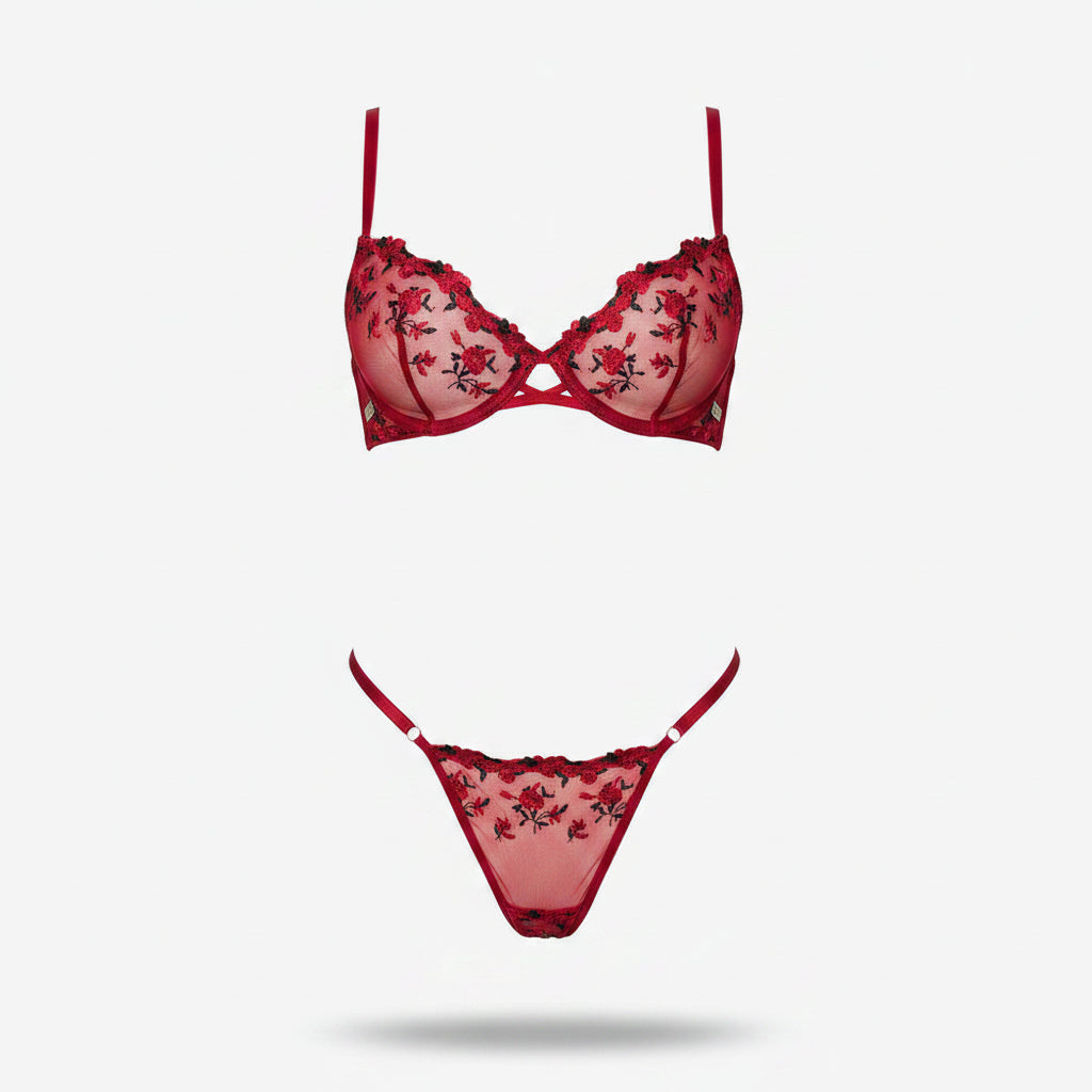 Women’s Embroidered Mesh Bra and Thong Set – Underwired Two-Piece Lingerie