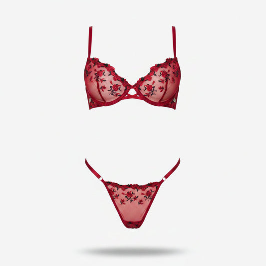 Women’s Embroidered Mesh Bra and Thong Set – Underwired Two-Piece Lingerie