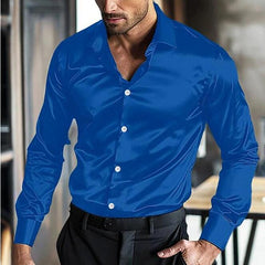 Men’s Satin Button-Up Shirt – Slim-Fit Long-Sleeve Dress Shirt with Contrast Buttons for Evening and Formal Wear