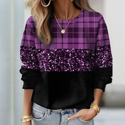 Women’s Sequin Plaid Panel Sweatshirt – Relaxed Crew-Neck Pullover with Sparkle Detail