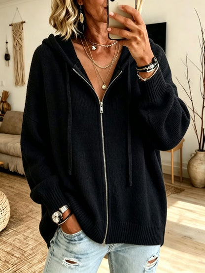 Women’s Hooded Knitted Cardigan – Full Zip with Drawstring Hood
