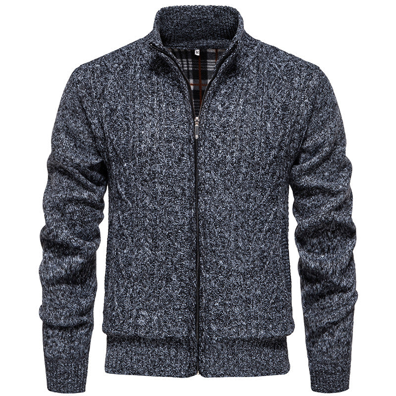 Men’s Zip-Through Knitted Jacket – Cable Pattern with Stand Collar