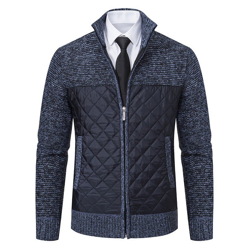 Men’s Knitted Hybrid Jacket – Diamond-Quilted Front with Stand Collar