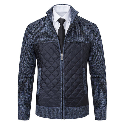 Men’s Knitted Hybrid Jacket – Diamond-Quilted Front with Stand Collar