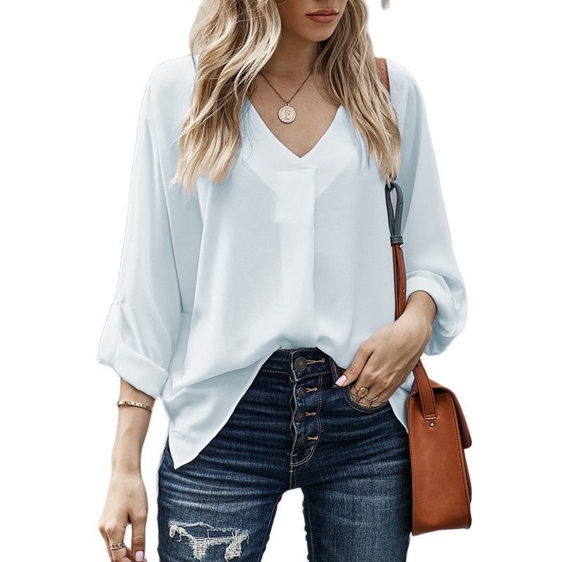 Women’s Long Sleeve Blouse – V-Neck with Roll-Up Tab Sleeves