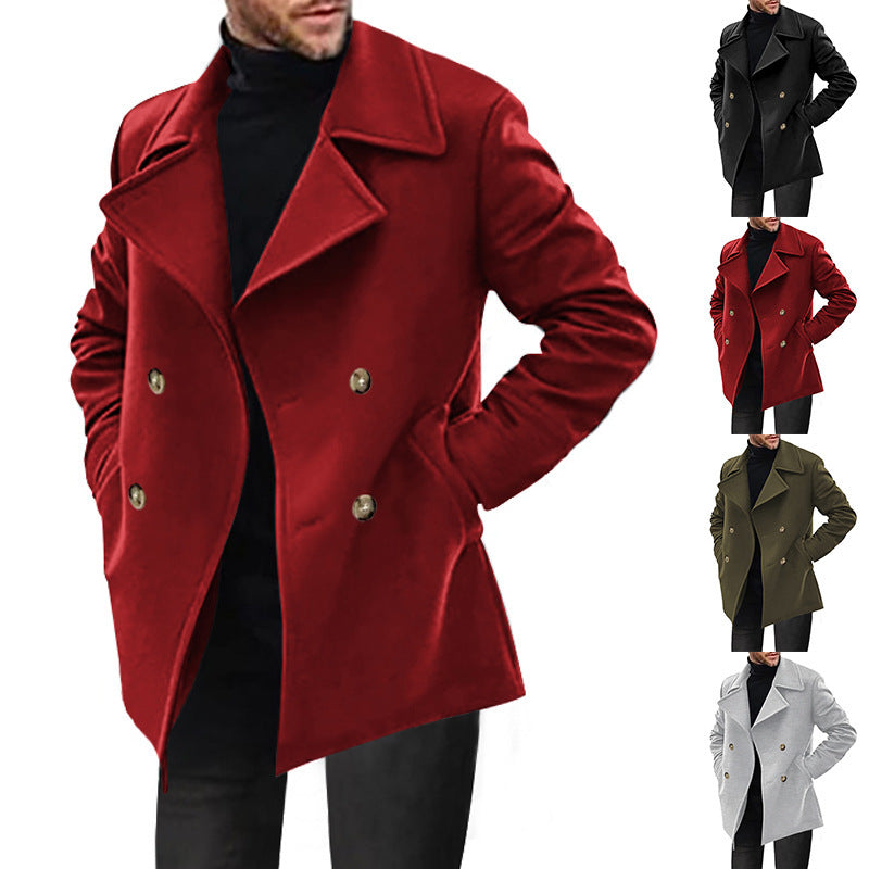 Men’s Double-Breasted Short Coat – Wide Lapels with Flap Pockets