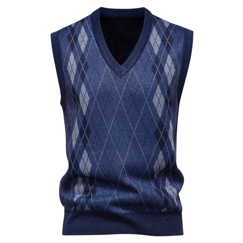 Men’s Knitted Sleeveless Vest – Argyle Diamond Pattern with V-Neck