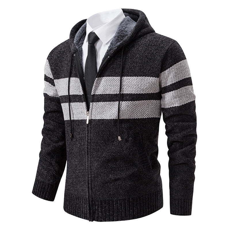 Men’s Zip Hoodie – Marled Knit with Chest Stripes and Concealed Zip
