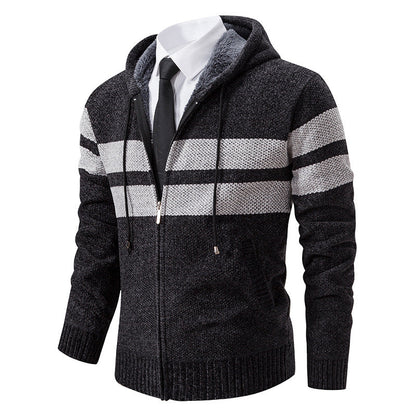 Men’s Zip Hoodie – Marled Knit with Chest Stripes and Concealed Zip
