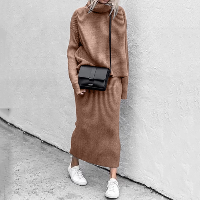 Women’s Ribbed Roll-Neck Skirt Co-Ord – Relaxed Long-Sleeve Jumper with Straight Long Skirt for Autumn and Winter