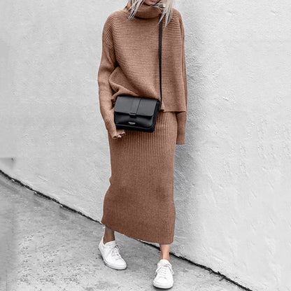 Women’s Ribbed Roll-Neck Skirt Co-Ord – Relaxed Long-Sleeve Jumper with Straight Long Skirt for Autumn and Winter