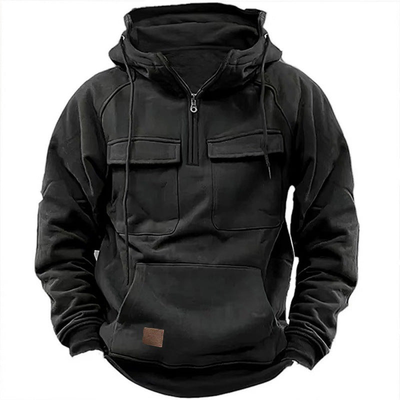 Men’s Utility Half-Zip Hoodie – Multi-Pocket Pullover for Casual Outdoor Wear