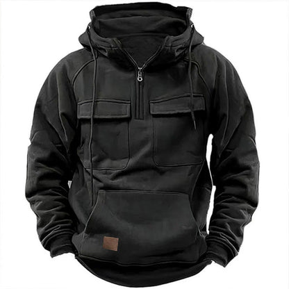 Men’s Utility Half-Zip Hoodie – Multi-Pocket Pullover for Casual Outdoor Wear