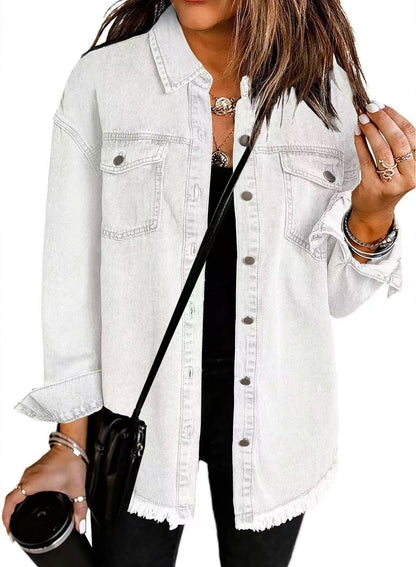 Women’s Oversized Denim Jacket – Fringed Hem with Press Studs