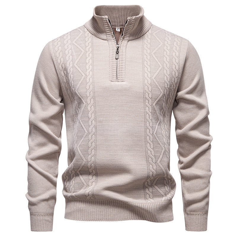 Men’s Half-Zip Knit Jumper – High Stand Collar with Cable Panels