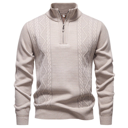 Men’s Half-Zip Knit Jumper – High Stand Collar with Cable Panels