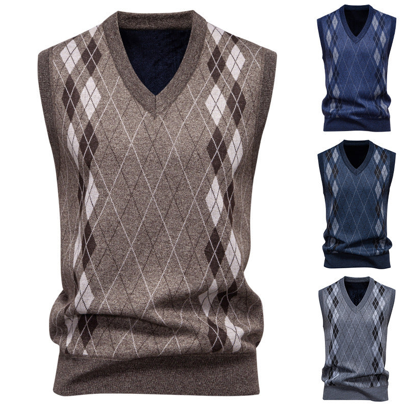 Men’s Knitted Sleeveless Vest – Argyle Diamond Pattern with V-Neck