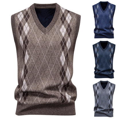 Men’s Knitted Sleeveless Vest – Argyle Diamond Pattern with V-Neck