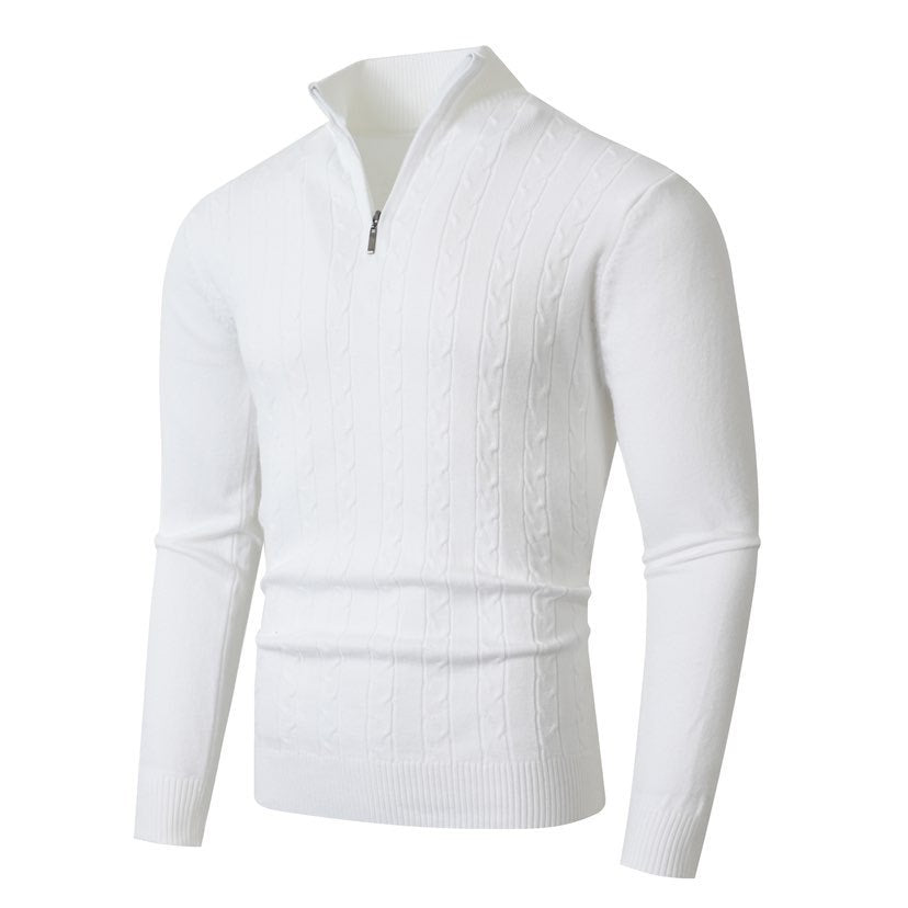 Men’s Cable-Knit Half-Zip Jumper – Stand Collar with Ribbed Trims