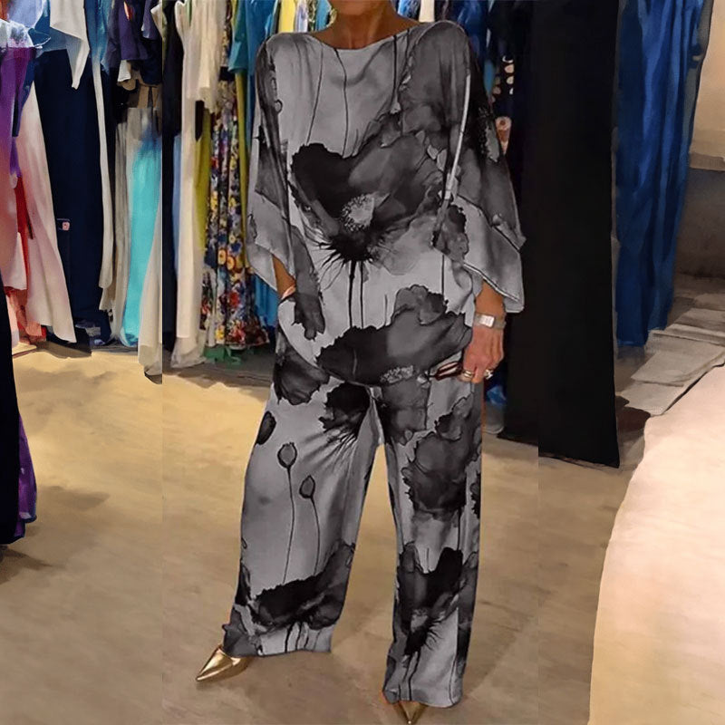 Women’s Artistic Print Co-Ord Set – Flowing Wide-Sleeve Top and Relaxed Trousers