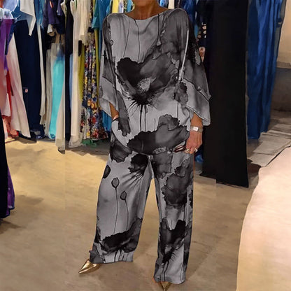 Women’s Artistic Print Co-Ord Set – Flowing Wide-Sleeve Top and Relaxed Trousers
