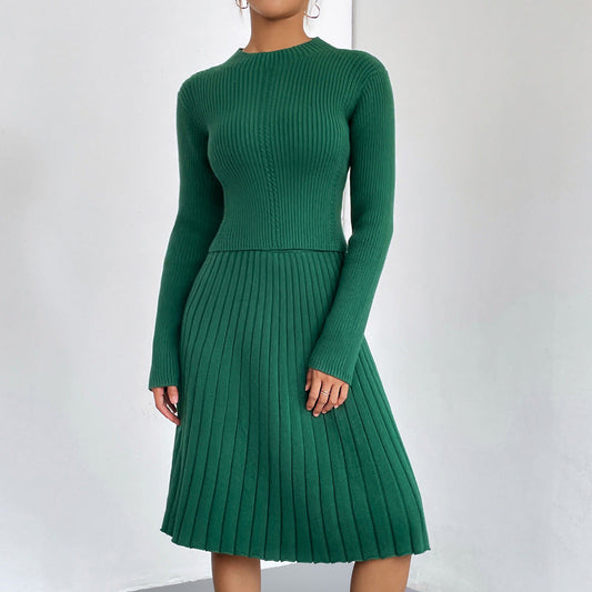 Women’s Pleated Knit Two-Piece Set – Ribbed Crew-Neck Jumper and A-Line Skirt for Smart Casual Wear