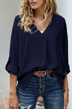 Women’s Long Sleeve Blouse – V-Neck with Roll-Up Tab Sleeves