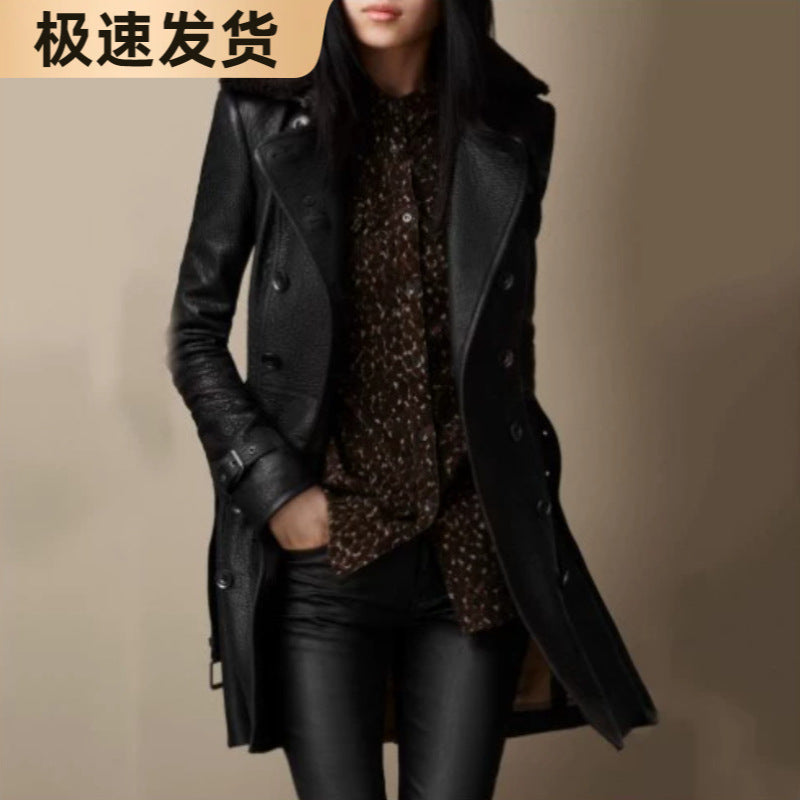 Women’s Black Coat – Double-Breasted with Teddy Collar and Waist Belt