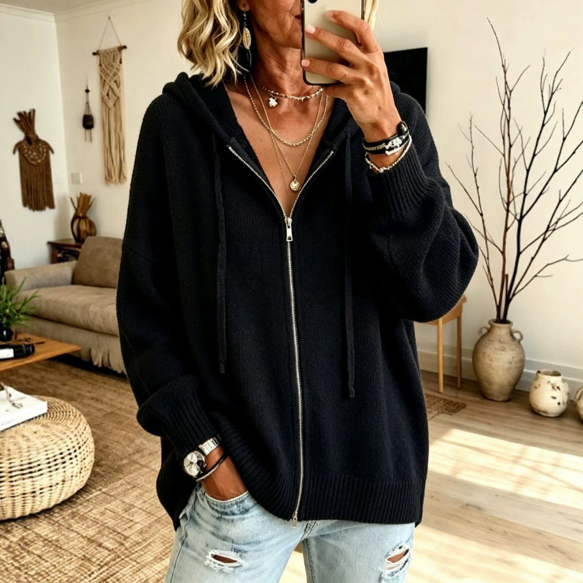 Women’s Hooded Knitted Cardigan – Full Zip with Drawstring Hood