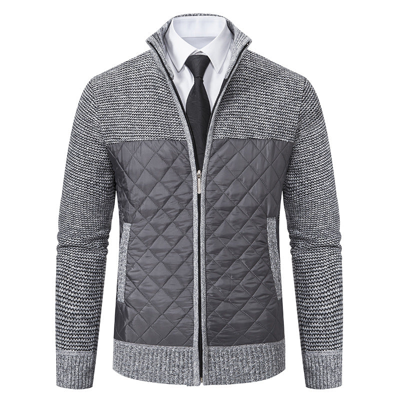 Men’s Knitted Hybrid Jacket – Diamond-Quilted Front with Stand Collar