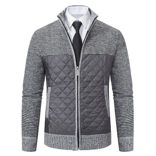 Men’s Knitted Hybrid Jacket – Diamond-Quilted Front with Stand Collar