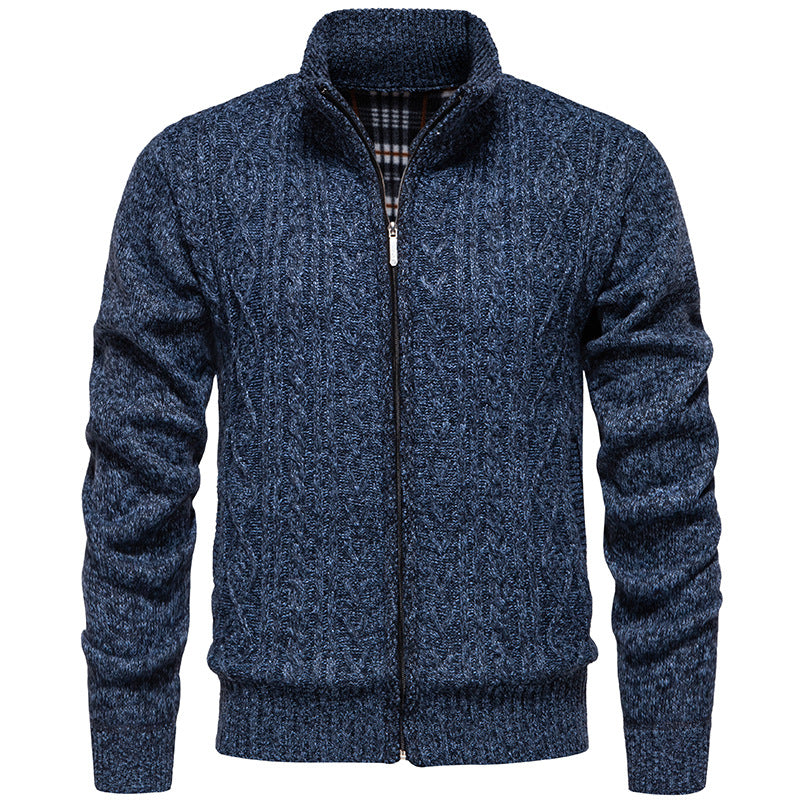 Men’s Zip-Through Knitted Jacket – Cable Pattern with Stand Collar
