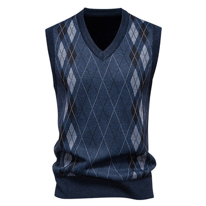 Men’s Knitted Sleeveless Vest – Argyle Diamond Pattern with V-Neck
