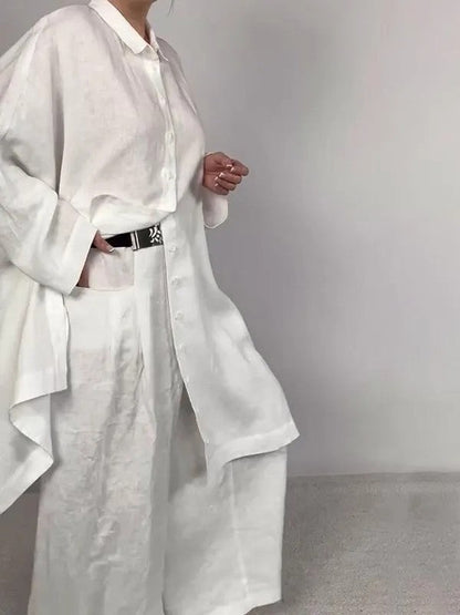Women’s Asymmetric Shirt Trouser Set – Oversized Button-Front Top with Wide-Leg Pocket Trousers for Casual Wear