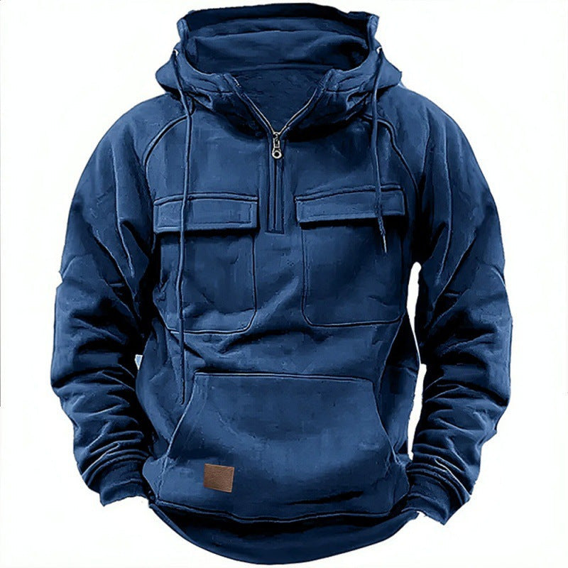 Men’s Utility Half-Zip Hoodie – Multi-Pocket Pullover for Casual Outdoor Wear