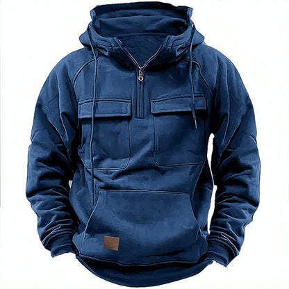 Men’s Utility Half-Zip Hoodie – Multi-Pocket Pullover for Casual Outdoor Wear