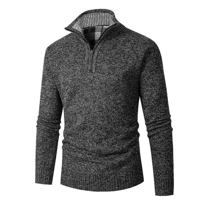 Men’s Half-Zip Knit Jumper – Chunky Marled Yarn with Checked Collar