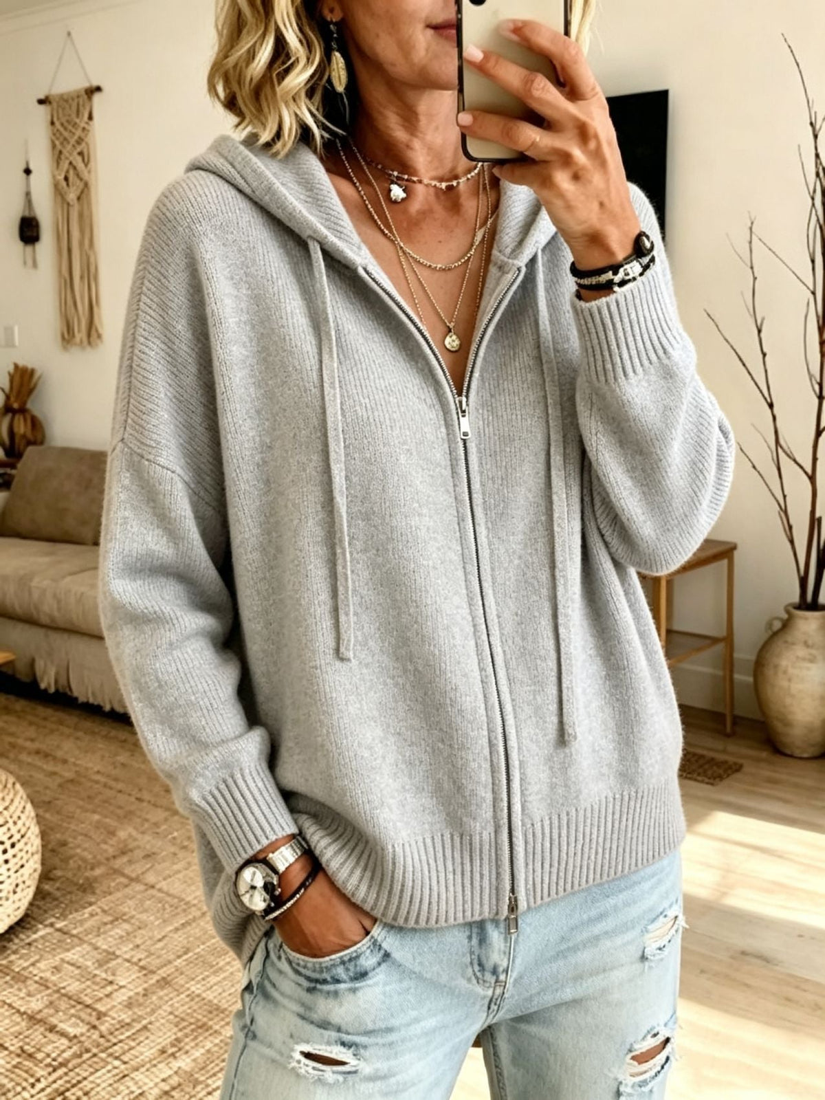 Women’s Hooded Knitted Cardigan – Full Zip with Drawstring Hood